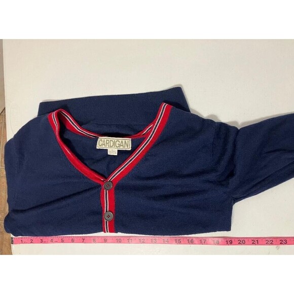 CARDIGAN 100% Merino Wool Men's Cardigan Navy Blue Red Stripe Button Sweater M - Picture 10 of 11